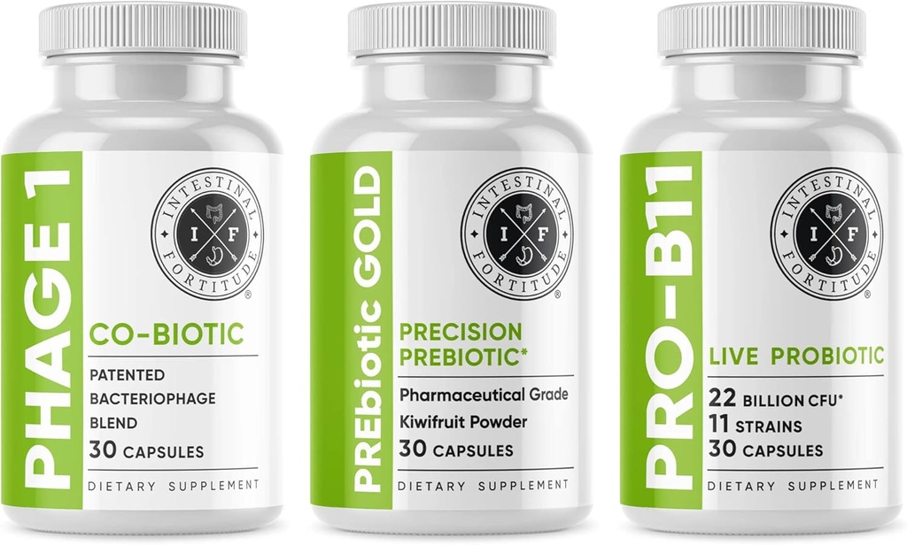 Intestinal Fortitude Gut Helse Supplement Bundle - Prebiotic Gold, PRO-B11, Phage 1 - w/Gold Kiwifruit Pectin, SCFAs, og 22 milliarder CFU for mikrobiom støtte, Gluten, Soja, & Dairy-Free kapsler