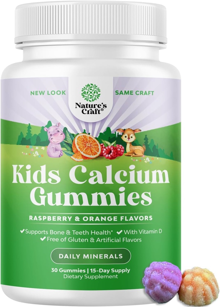 Natures Craft Tasty Kids Kalsium Gummies - vitamin D & kalsium Gummies for barn - vitamin med & D for Muscle Bone Development Gelatin-fri Kosher Barn 30ct (1 pakke)