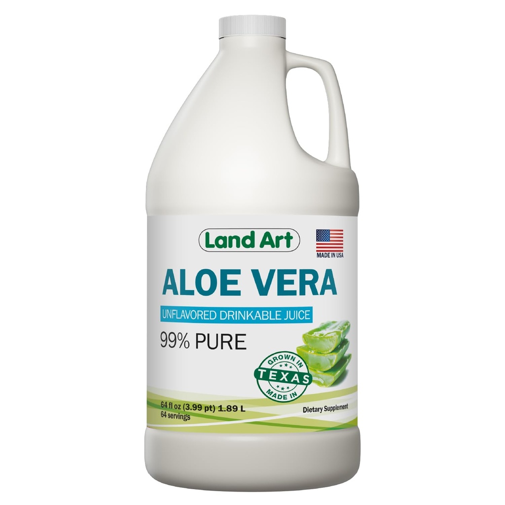 Land Art - ren Aloe Vera Juice Unflavored - Cold-Processed - 99,7% Organic Aloe Vera Inner Fillett fra ferske Texas Leaves – Digestive helse, Detox og naturlig velvære – 64 fl oz