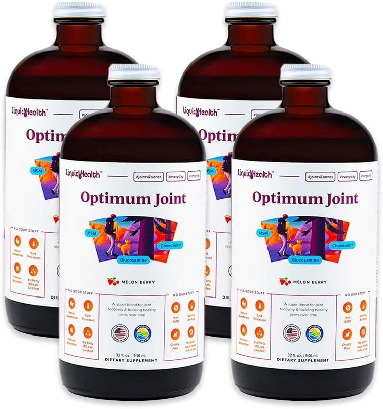 LIQUIDHEALTH Optimum felles støtte flytende multivitamin med glukosamin, Chondroitin, MSM, Hyaluronsyre - Øk mobilitet, felles komfort, for løpere og atleter - laget i USA, Vegan (4 pakke)