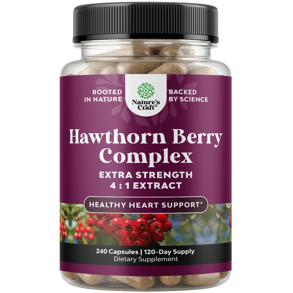 Høy styrke Hawthorn Berry Capsules - ren antioksidant Hawthorn Berry Supplement med blad & blomst ekstrakt 4:1 for sunn hjerte og digestion - energi støtte for menn og kvinner - 240 Count Pack