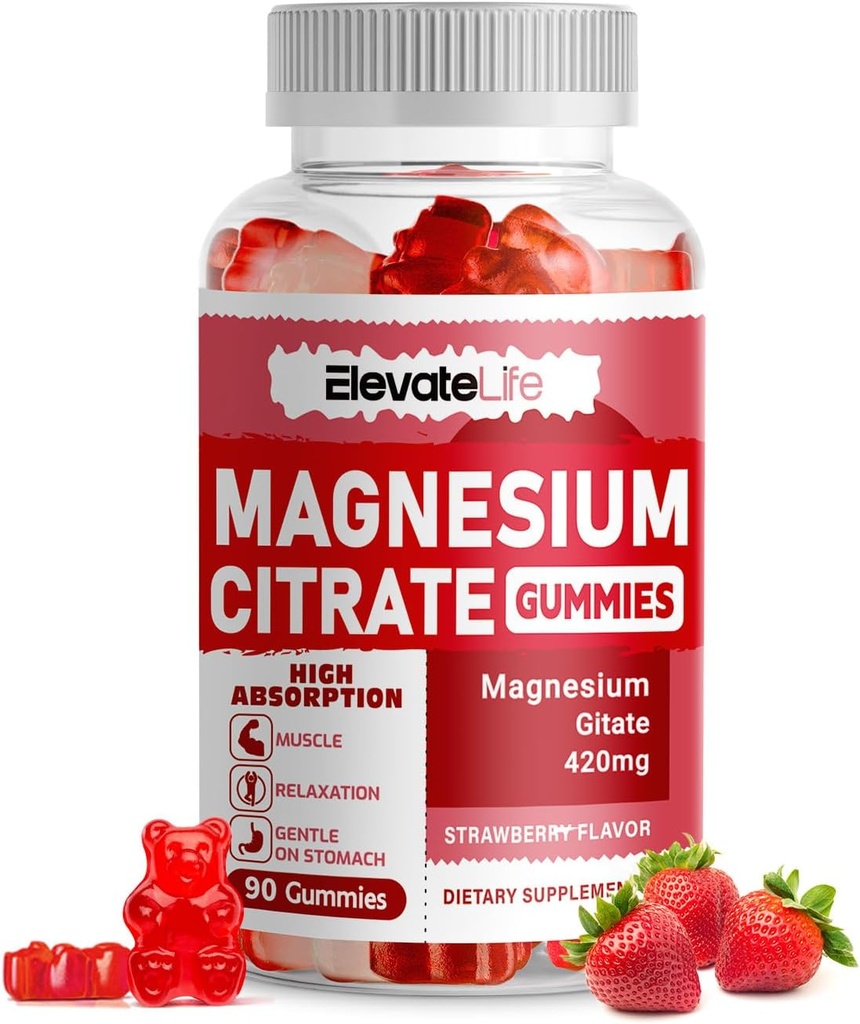 Magnesium Glycinate Gummies 1000mg - Sukkerfri magnesium Kalium Supplement med vitamin D, B6, CoQ10 for rolig mood og søvn støtte - 60 Jordbær Gummies