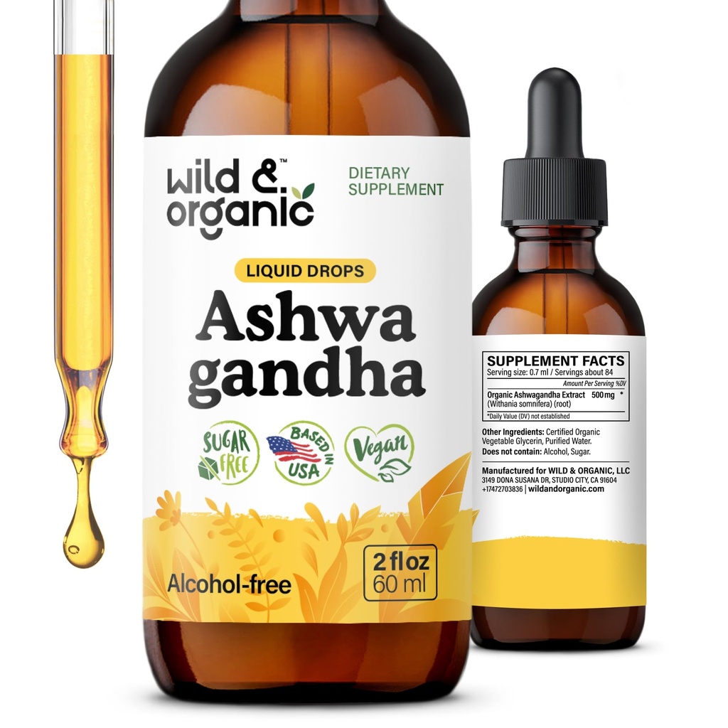 Wild & Organic Ashwagandha Flytende dråper - beroligende Ashwagandha Root Extract for avslapning - 1-måneders forsyning - Herbal kosttilskudd for kvinner og menn - Vegan, Sukker & alkoholfri tinktur - 2 fl oz