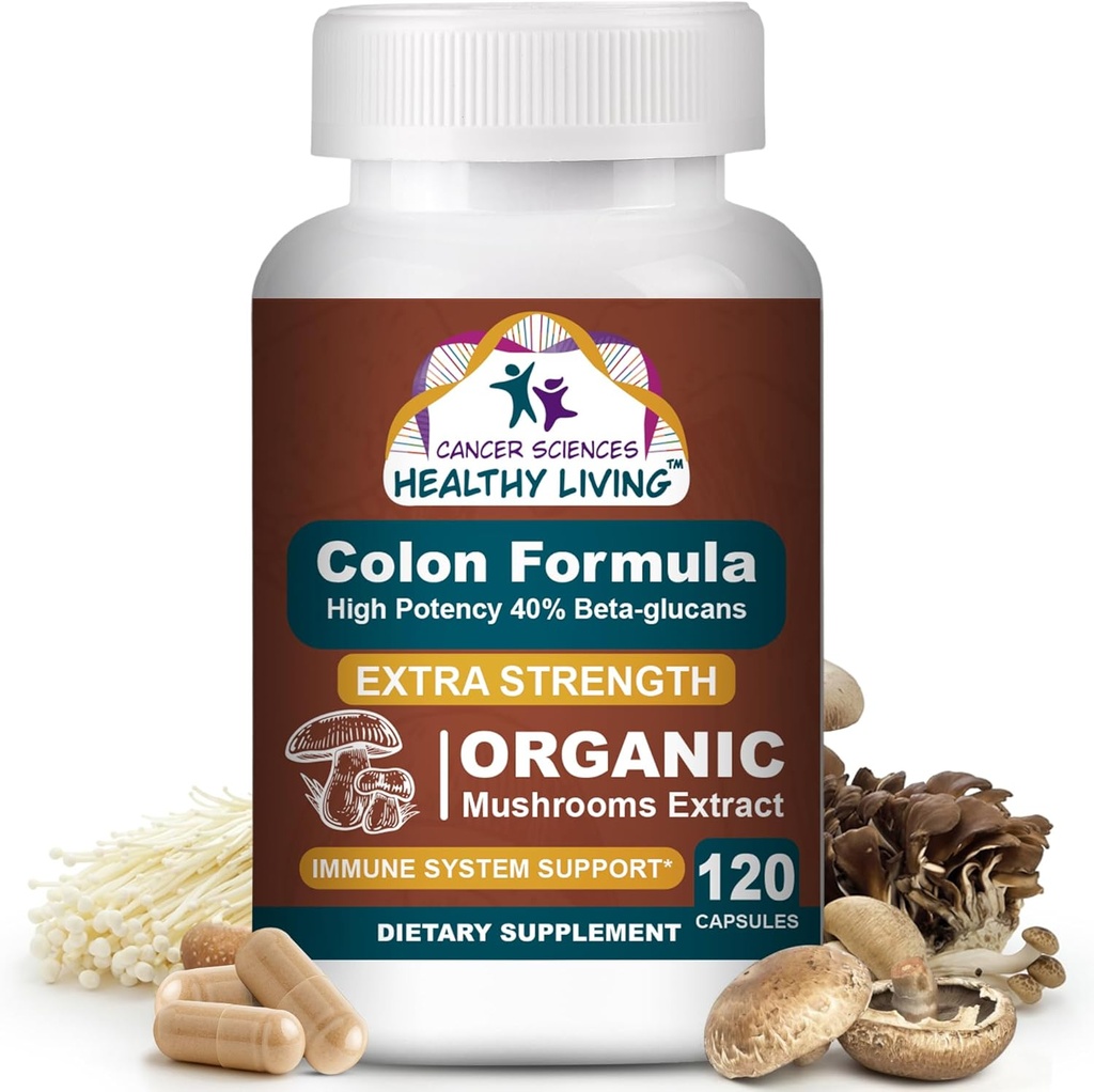Kreft Sciences Colon velvære Supplement, USDA Certified Organic Mushrooms Extract, Extra styrke 1.500 mg, høy styrke 40% Beta-Glucans, Immune, Gut & Digestive, Colon Cleanse & Detox, 120 Caps