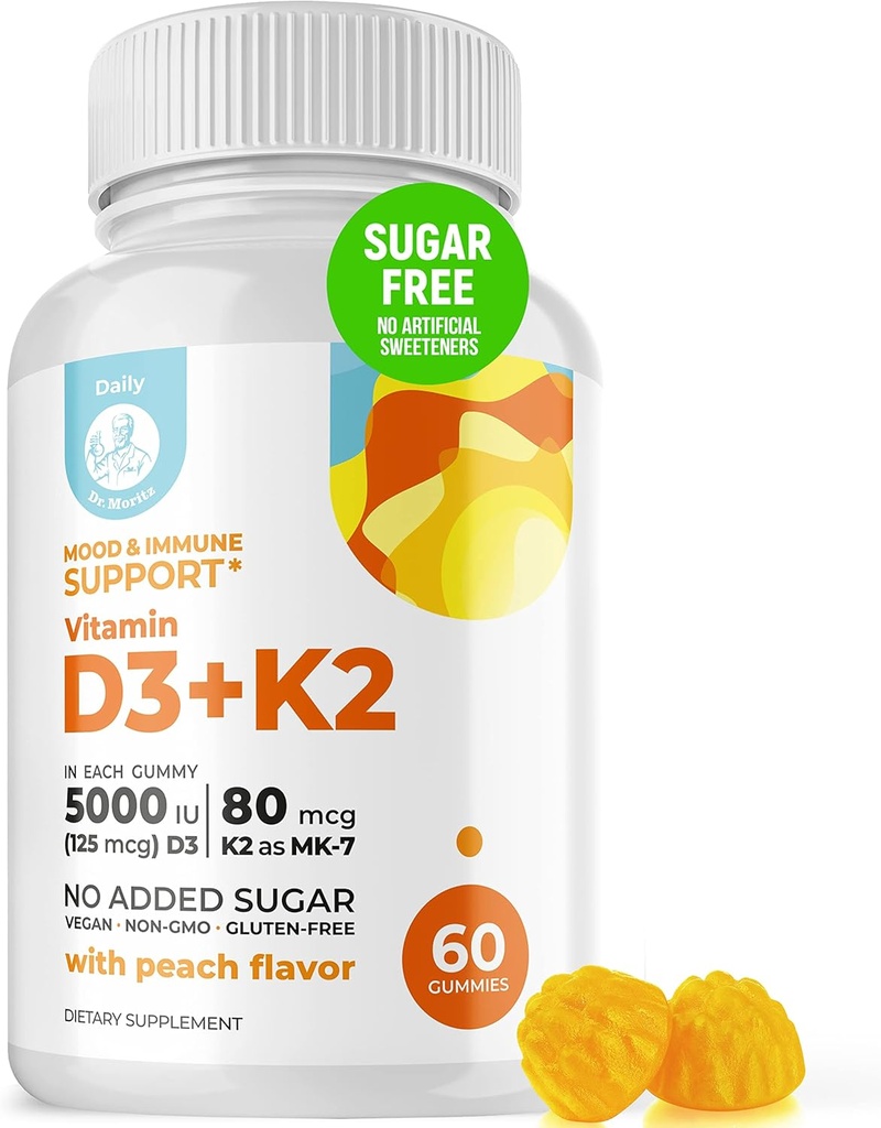 DR. MORITZ Vitamin D3 Gummies (5000 IE) med K2 - for voksne og barn - vitamin D3 K2 Gummies for immun støtte og bein helse - Vegansk, sukkerfri, Glutenfri (60 greve)