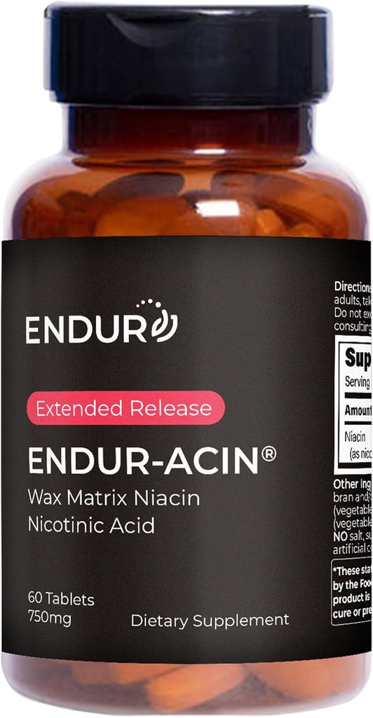 Endurance produkter ENDUR-ACIN, Extended Release Niacin for optimal absorpsjon og flush gratis niacin, Premium vitamin B3 Niacin kosttilskudd, 750 mg, 60 tabletter