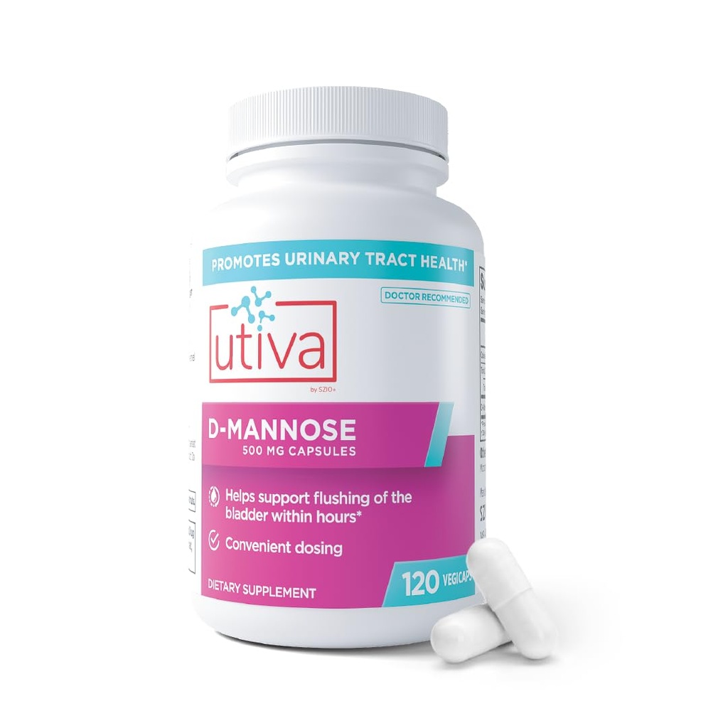 Szio+ Utiva D-Mannose 500 mg kapsler - naturlig Flush Bladder og urinveistrakt Tract UTI unngåelse – D Mannosetilskudd for kvinner - støtter urinveis infeksjonsbehandlinger, 120 kapsler