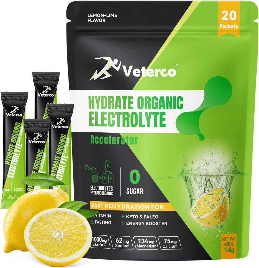 Hydration Electrolyte pulver, Elektrolysert drikke, Hydration Supplement Drink Mix, Hydration Packets med vitamin og mineraler, Keto vennlige, Vegan, Ikke-GMO, Ingen sukker, sitronflavor (20 Sticks)