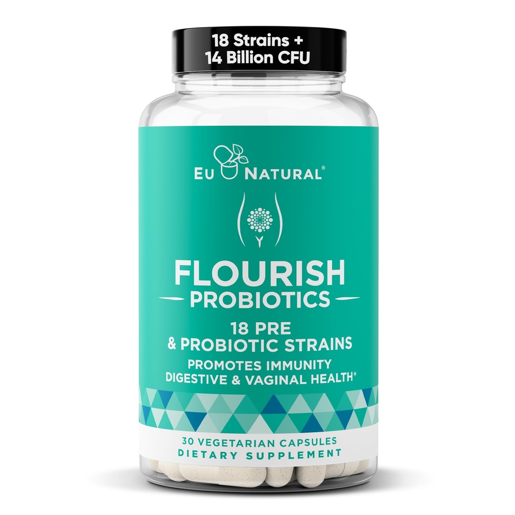 Florish Probiotika + Prebiotika for kvinner – Gut and Digestion, Urin Tract, Redusere Bloating, Vaginal Helse – 18 Klinisk Proven Strains, 14 milliarder CFU – 30 Shelf-Stable Mini Vegansk Kapsler