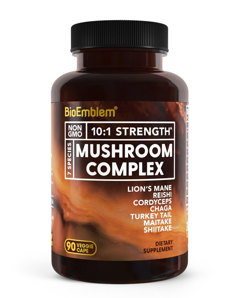BioEmblem Mushroom Complex - 10:1 Styrke og 7 Arter - Lions Mane, Reishi, Cordyceps, Chaga, Maitake, Shiitake Mushroom Supplement - Immunitet, Energi & Fokus, Hjernen - Ikke-GMO, Vegan - 90 Caps