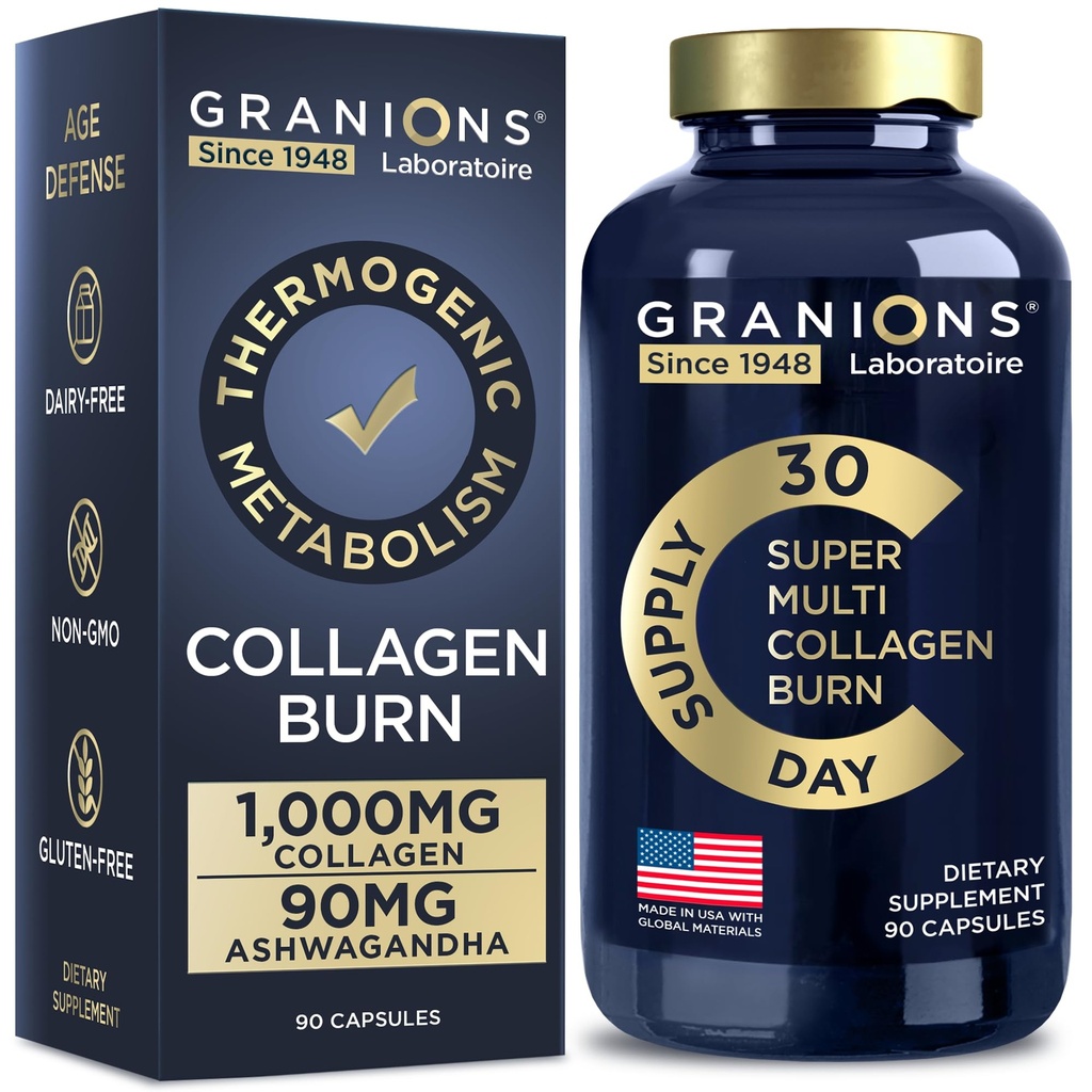 Granioner termogene hydrolysert kollagenforbrenning - Hyaluronsyre, C-vitamin - Cellulittforsvar og dermal reparasjon Multi collagen Peptider kapsler for kvinner og menn - 90 piller