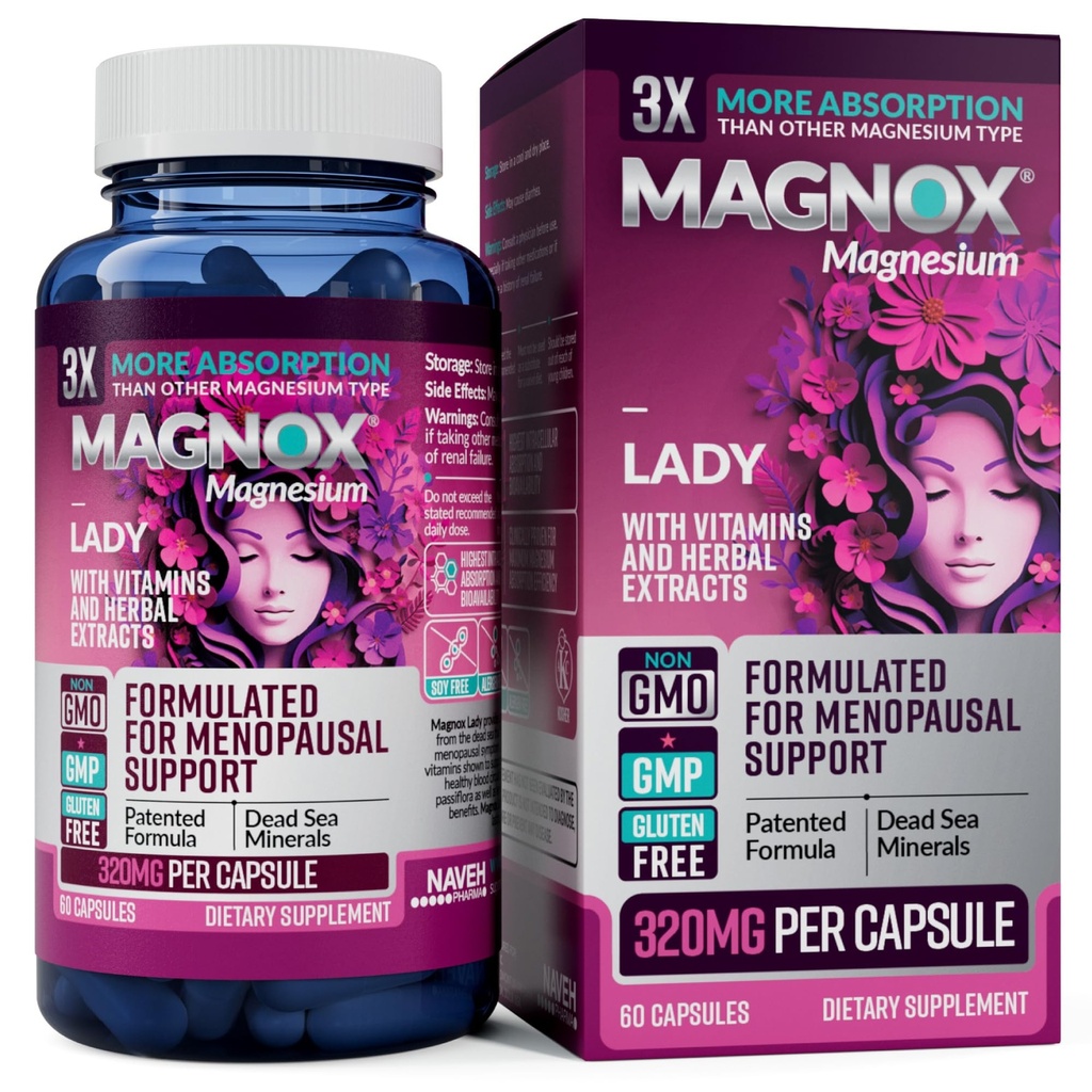 MAGNOX Lady Magnesium Supplement | Menopause og PMS Støtte Supplement for kvinner | Magnesium Kompleks med vitaminer B6, B1, B12, D, Sink | Høyabsorpsjon Døde havet Organisk Magnesium | 60 Kapsler