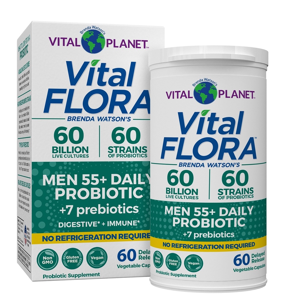 Vital Planet - Vital Flora Menn Over 55 Daglig Probiotic, 60 milliarder CFU, Diverse Strains, Organiske prebiotika, Immunstøtte, Digestiv Helse Shelf Stabile Probiotika for menn, 60 kapsler