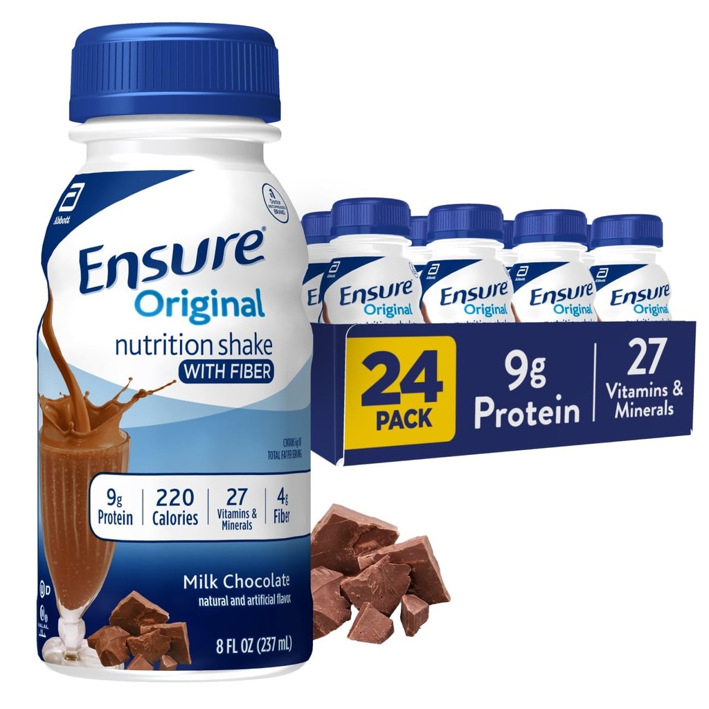 Sikre opprinnelige melke sjokolade ernæringshake med fiber | liten måltid erstatningshake | klar til å drikke | 9g protein, 27 vitaminer og mineraler | 8 fl oz - 24 Pack