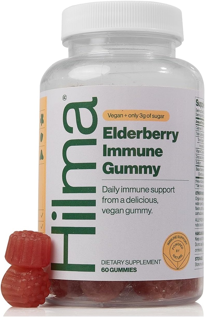 Hilma Elderberry Gummies Formulert med vitamin C & Sink, Naturlig, Vegansk, klinisk bevist ingredienser, immun støtte Supplement Plus Antioksidanter, Naturlig Berry Flavor (60 Gummies)