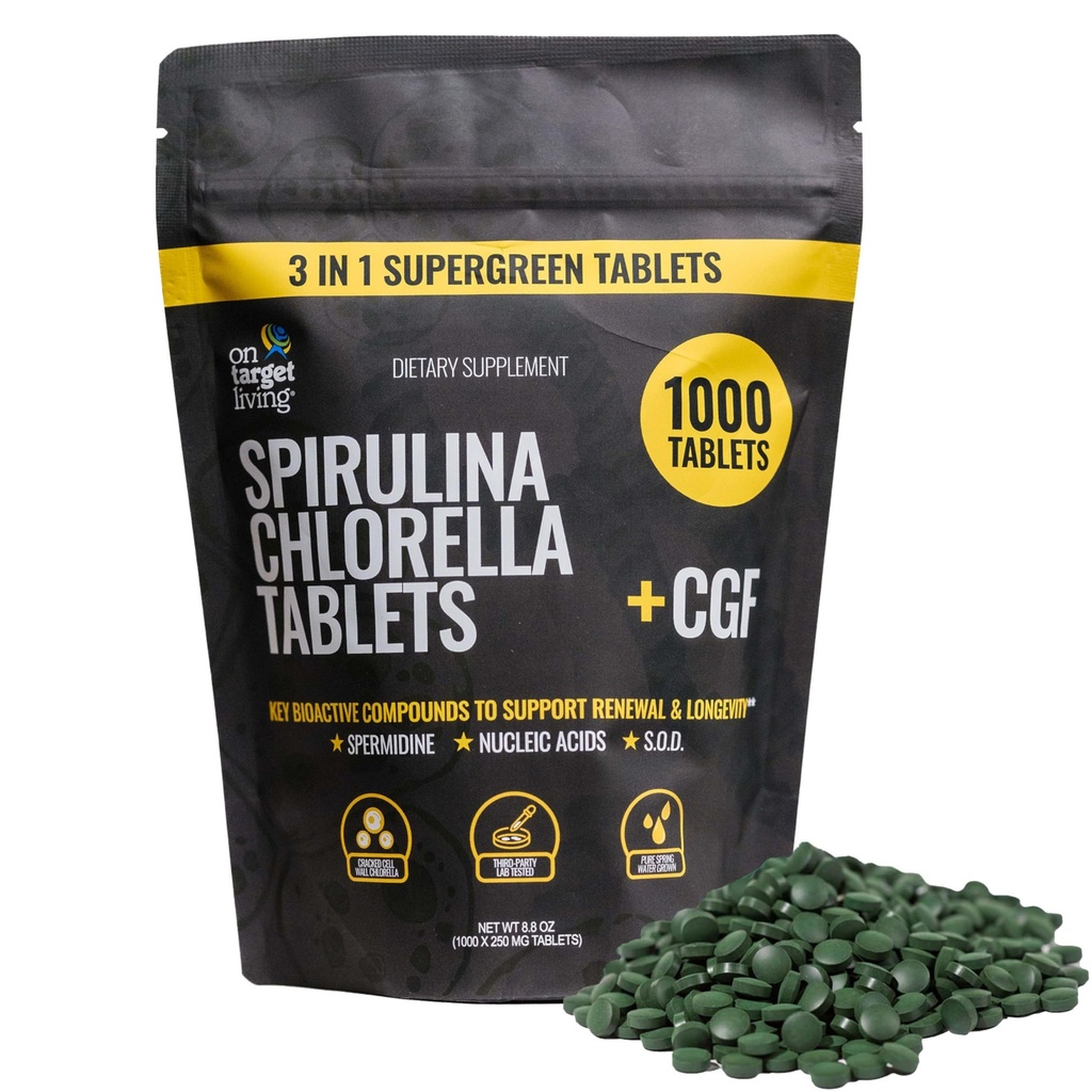 På mål Living Spirulina Chlorella + CGF | 1000 Supergrønne tabletter | Vegansk | Immunstøtte | Høy i Protein | Alkalyzing | Næringsmiddel Dense | Energi | Recovery