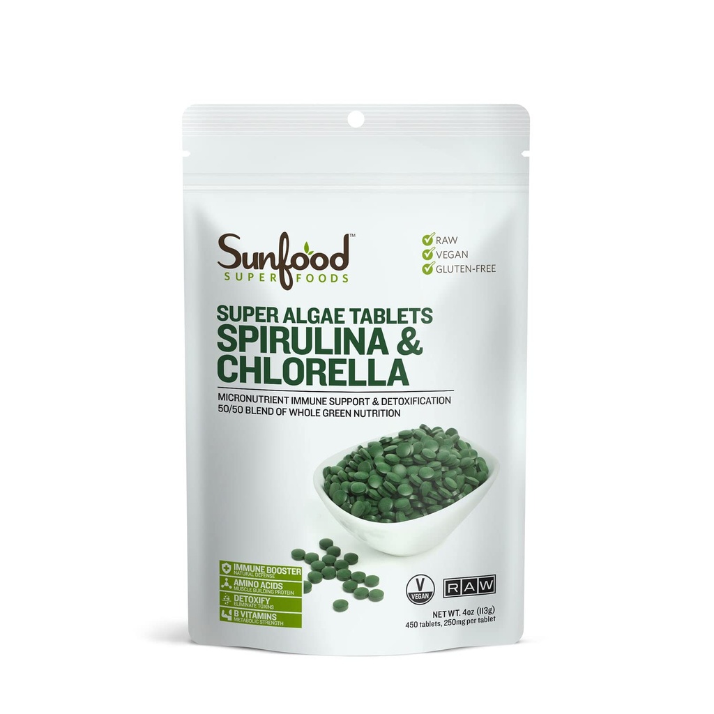 Sunfood Superfoods Klorella Spirulina Tabletter - Spirulina og Klorella Grønn Algae Tabletter for kvinner og menn, kilde til klorophyll, B vitaminer, og protein, Broken Cell Wall, Vegan - 4 oz Bag