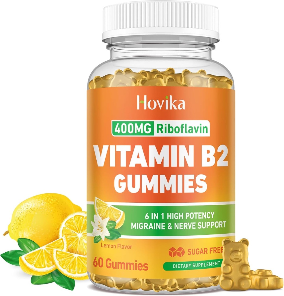 Vitamin B2 Gummies Riboflavin 400mg Supplement for menn og kvinner - ren magnesium, Ashwagandha, CoQ10, Omega 3, vitamin B12 - Migrain Relief & energi, nervesystem støtte - Sugar Free, 60 greve