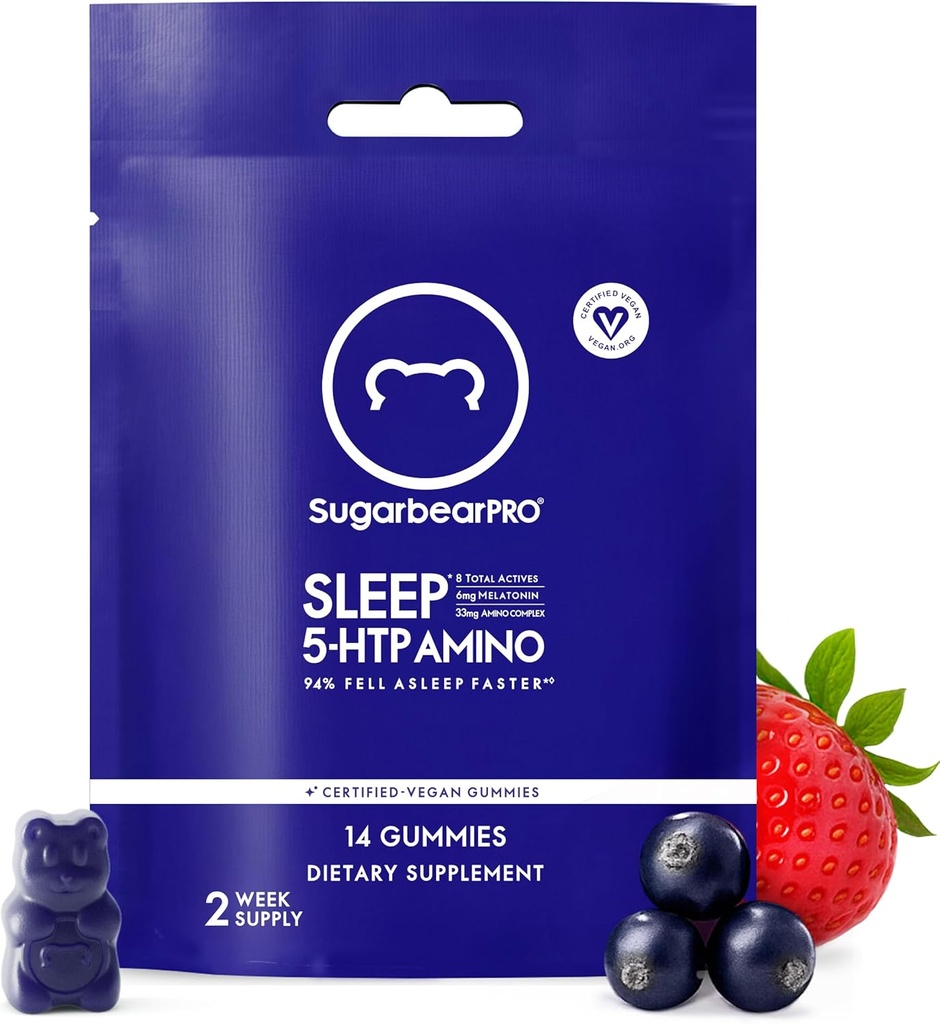 SugarBearPro søvn gummy 14 dagers forsyning, ekstra styrke melatonin 6 mg, for menn og kvinner, Vegansk vitamin B6, L-Theanine, 5 HTP, Valerian, søvnhjelp for voksne og tenåringer, sertifisert Kosher