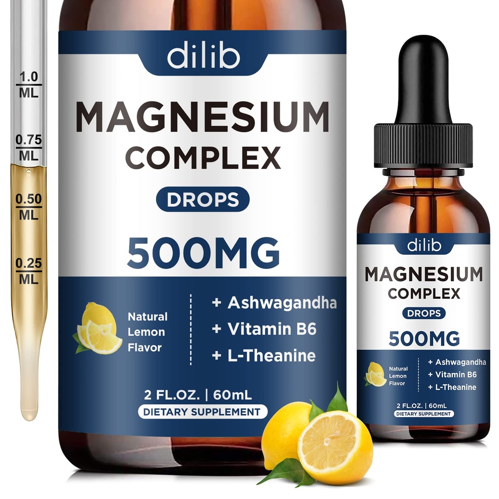 Magnesium Glycinat flytende dråper, Triple Magnesium Complex Supplement med Citrat, Malate 500mg Ashwagandha, L-theanin, vitamin B6 for søvn, rolig, stress relief, Bein, Muskel, Mood - Lemon Flavor