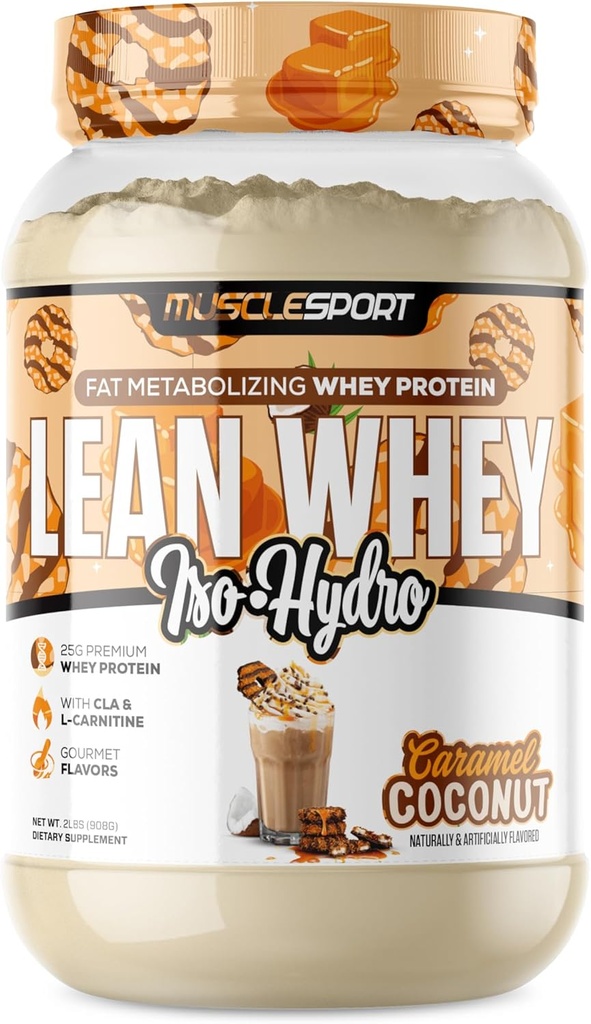 Musclesport Lean Whey RevolusjonTM Protein pulver - Whey Protein Isolate - lav kalori, lav carb, lav fett, utrolige flavors - 25g Protein per Scoop (2LB, kokoskaramell)