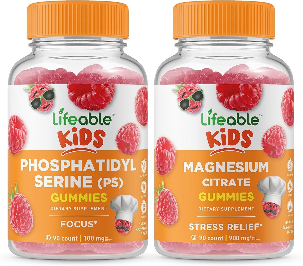 Levende fosfatidyderin (PS) Kids + Magnesium Kids, Gummies Bundle - God Tasting, Vitamin Supplement, Glutenfri, GMO Gratis, Chewable Gummy