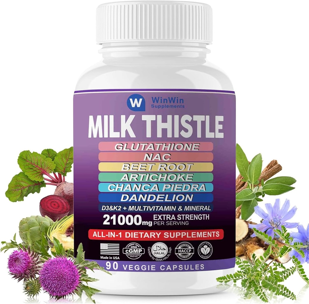 Melk Thistle Supplement 15000mg Organisk Artichoke Chanca Piedra Dandelion Liver Protection Supplement inneholder Glutathion NAC Beetroot pulver D3&K2 vitaminer Mineral (29-IN-1)Made I USA