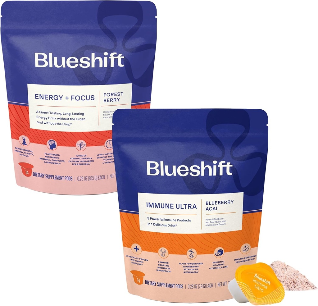 Blueshift Energy + Focus & Immun Ultra Bundle - Energidrikk Pods, Immune Support pulver, Drikkemikser for energi & immunforsvar, vitamin Supplement - Energi + Focus (14 Pack) & Immune Ultra (14 Pack)
