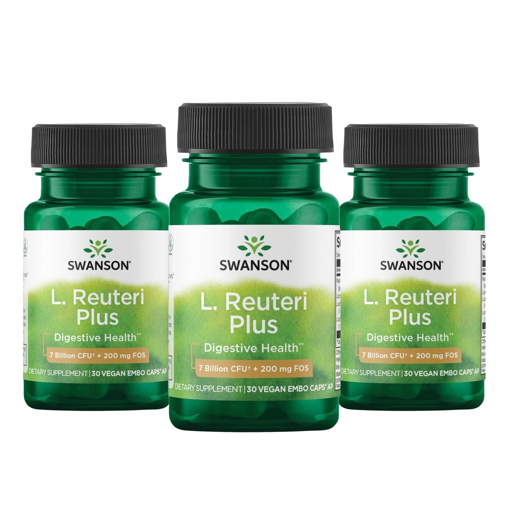 Swanson L. Reuteri Probiotic Plus w/L. Rhamnosus L. Acidophilus & FOS Prebiotic Digestive Support - fremmer Gut Helse w/ 7 milliarder CFU per kapsel - (30 Veggie Capsules) (3 pakke)