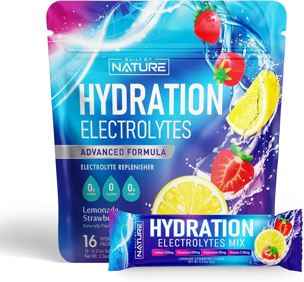 Electrolytes pulverhydrasjon pakker - Recovery Drink Blande med natrium, Kalium, magnesium, kalsium, vitamin C & sink - Sukkerfri, keto, ikke GMO & Vegan - Jordbær sitronade – 16 Sticks