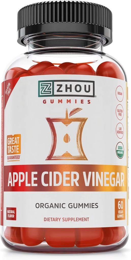 Zhou Apple Cider Vinegar Gummies - ACV Gummies for kvinner og menn med eldrebær, Delicious Smak med Raw Cane Sukker, USDA Organic - 60 Vegan Gummies