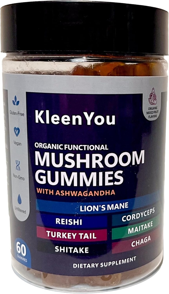 Lions Mane & Ashwagandha Supplement Gummies - omfattende Mushroom Supplement for kognitiv og immun støtte, Vegansk blanding med Reishi, Cordyceps - Lav karbohydrat, 60 Organic Mushroom Gummies