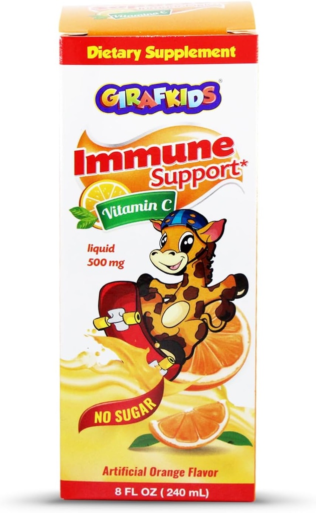 GirafKids Væske Vitamin C for barn Alder 4+ | 8 Fl Oz, 500 mg | No-Sugar Formula med trygge, Premium ingredienser | Delicious Orange Flavor | Immun støtte og energiøkning