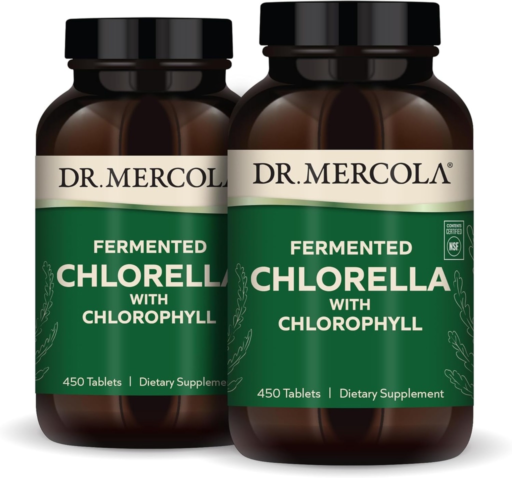 Dr. Mercola Fermentert klorella med klorofyll, 90 serveringer (450 tabletter), 2 flasker, kosttilskudd, støtter immun og organ helse, ikke GMO, NSF-sertifisert