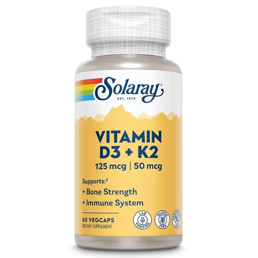 SOLARAY Vitamin D3 K2 - Bone Helse og immunstøtte Supplement - med 5000 IU vitamin D som VIT D3 og 50 MG vitamin K2 som Menoquinon MK7, laget uten soya, 60-dagers garanti, 60 Serv, 60 Vegkaps