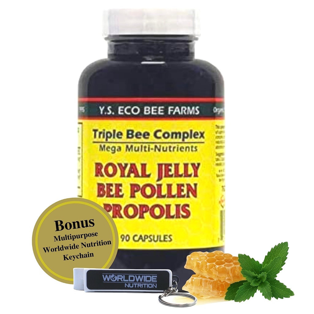 YS Organics Triple Bee Complex, Royal Jelly, Bee Pollen, Propolis - Kraften i naturen pakket i 90 kapsler med bonus over hele verden Næring Multi formål Nøkkelkjede