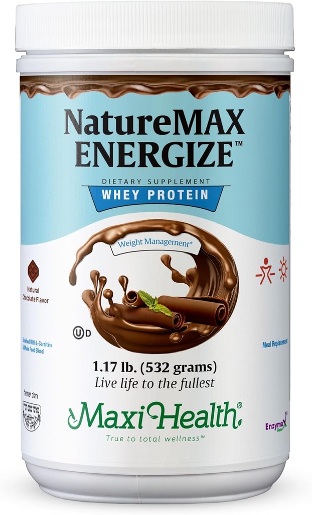 NatureMax EnergizeTM Whey Protein pulver- energi støtte måltidserstatning - 20g protein per servering - naturlig sjokolade flavor - Kosher Dairy Vitamin - 1.17lb