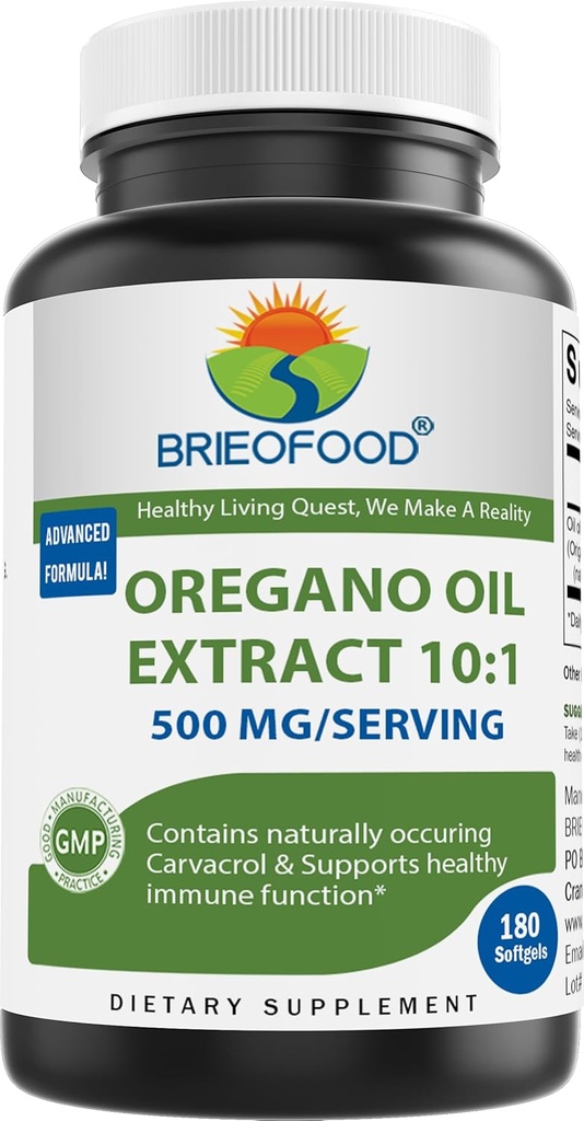 Brieofood Oregano olje 10:1 Ekstrakt 500 mg per servering - Inneholder naturlig Occuring Carvacrol - sunn immunfunksjon - 180 Softgels