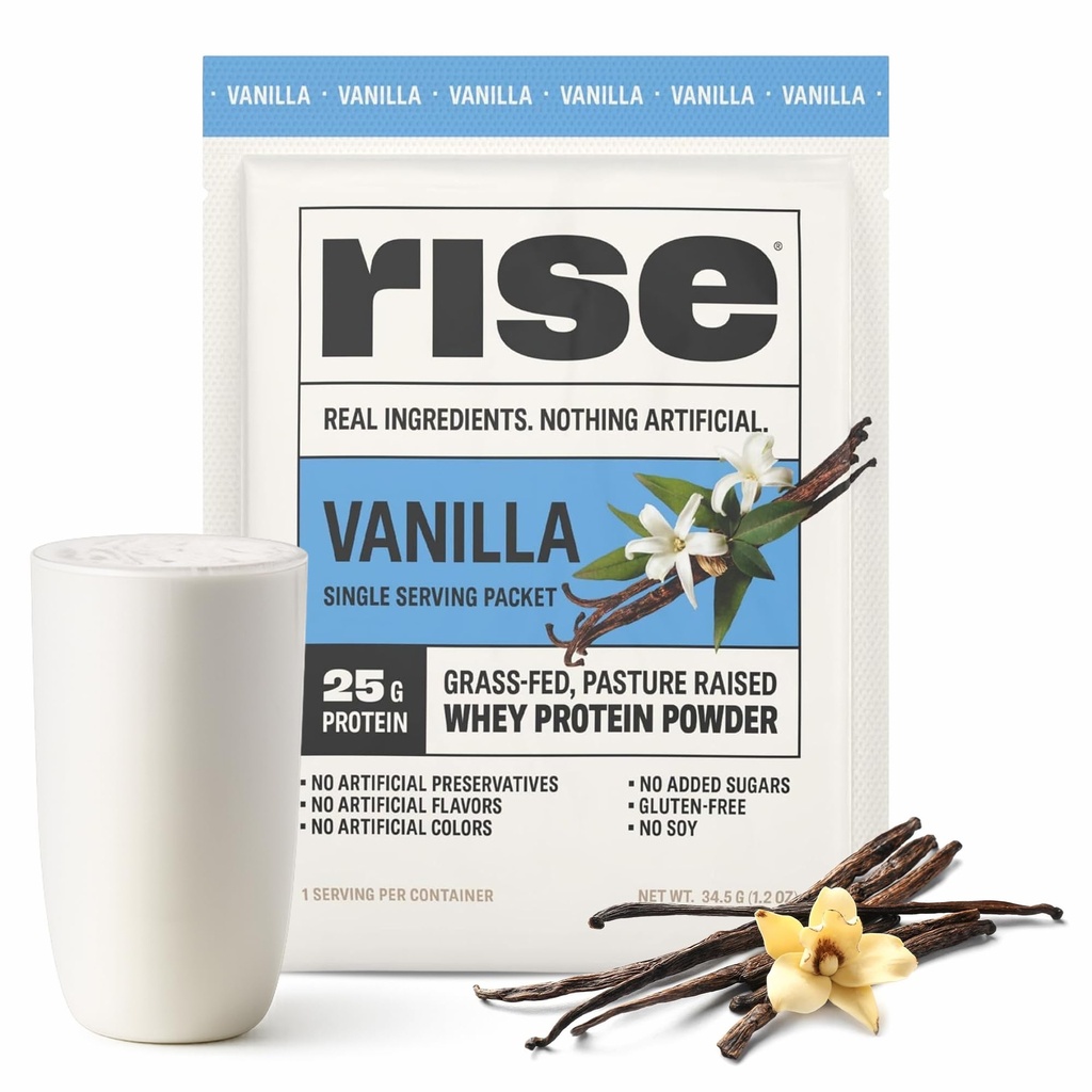 Rise Grass-Fed Whey Protein Powder - Vanilla 25g Protein Ingen Kunstige Flavors, Farger, eller Preservatives - Sukkerfri, Glutenfri, Soja Gratis (Enkel Serving, 1 Pack)