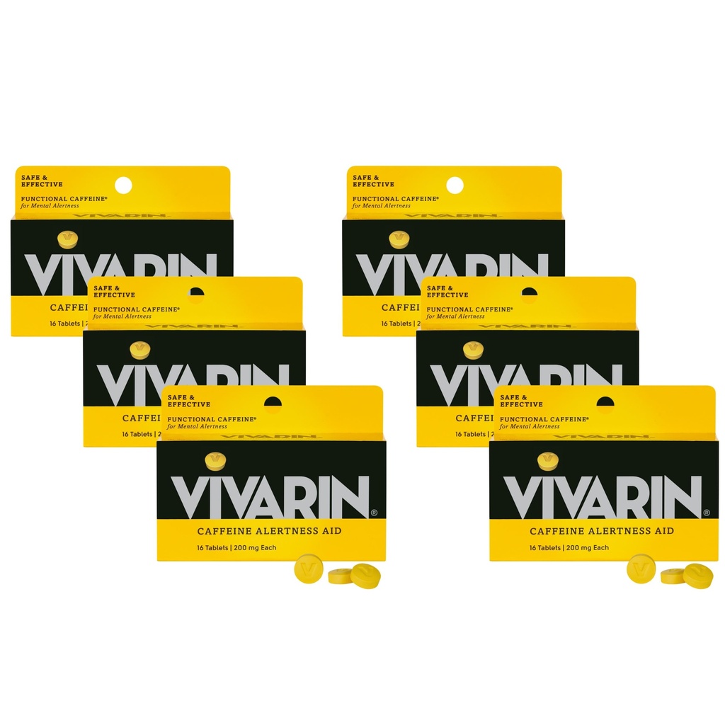 Vivarin, Kaffepiller, 200 mg koffein per dose, trygt og effektivt hjelper deg å holde deg våken, ingen sukker, kalorier eller skjulte ingredienser, energitilskudd, 16 tabletter (6 pakke)
