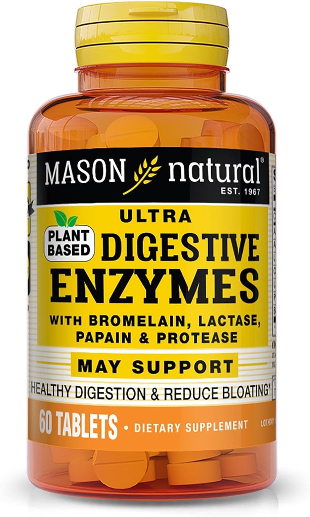 Mason Natural Plant-baserte Ultra Digestive Enzymer, med Bromelain, Lactase & Papain, støtter Digestion & Bleating Relief, 60 Kapsler, Pakke med 3