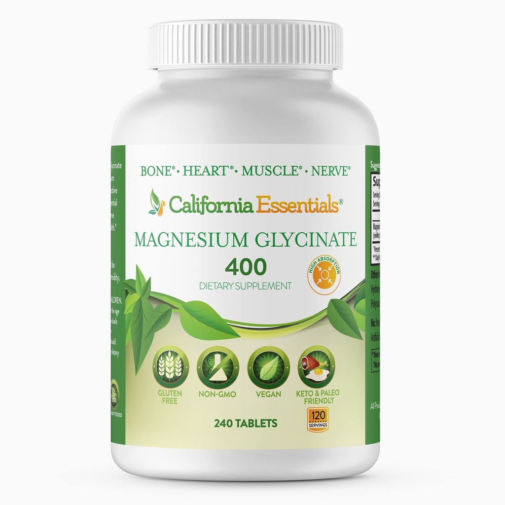 Magnesium Glycinate 400 - Chelated, høy absorpsjon Magnesium for muskel relief, bein og hjerte støtte -Vegan, ikke-GMO, Glutenfri 240 tabletter (Servings 120, Servering størrelse (2) 200 mg tabletter)