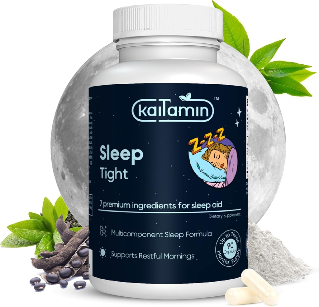 Melatonin Natural Sleep Aid, Theanine, 5-HTP, GABA, Mucuna pruriens, Phellodendron og magnesium for søvn & stress støtte, 90 kapsler 45 dagers forsyning - 7 i 1 søvnhjelp
