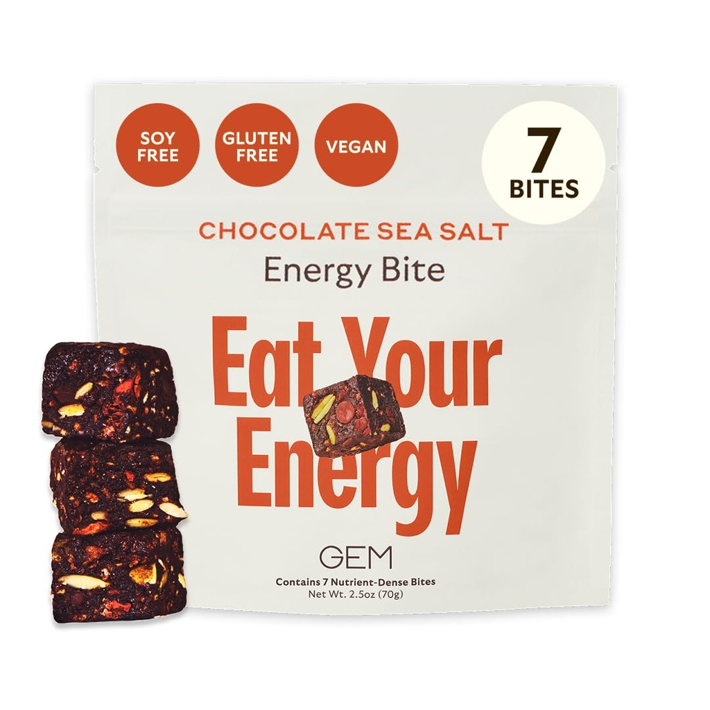 GEM Energi Koffeinert Bite Ō Holistisk Elektromagnetisk Energi | Støtter Metabolisme, Stamina & Endurance | 40 mg Koffein, Ginseng Root, L-Theanine | Sjokolade Cacao Sea Salt | 7 Servings