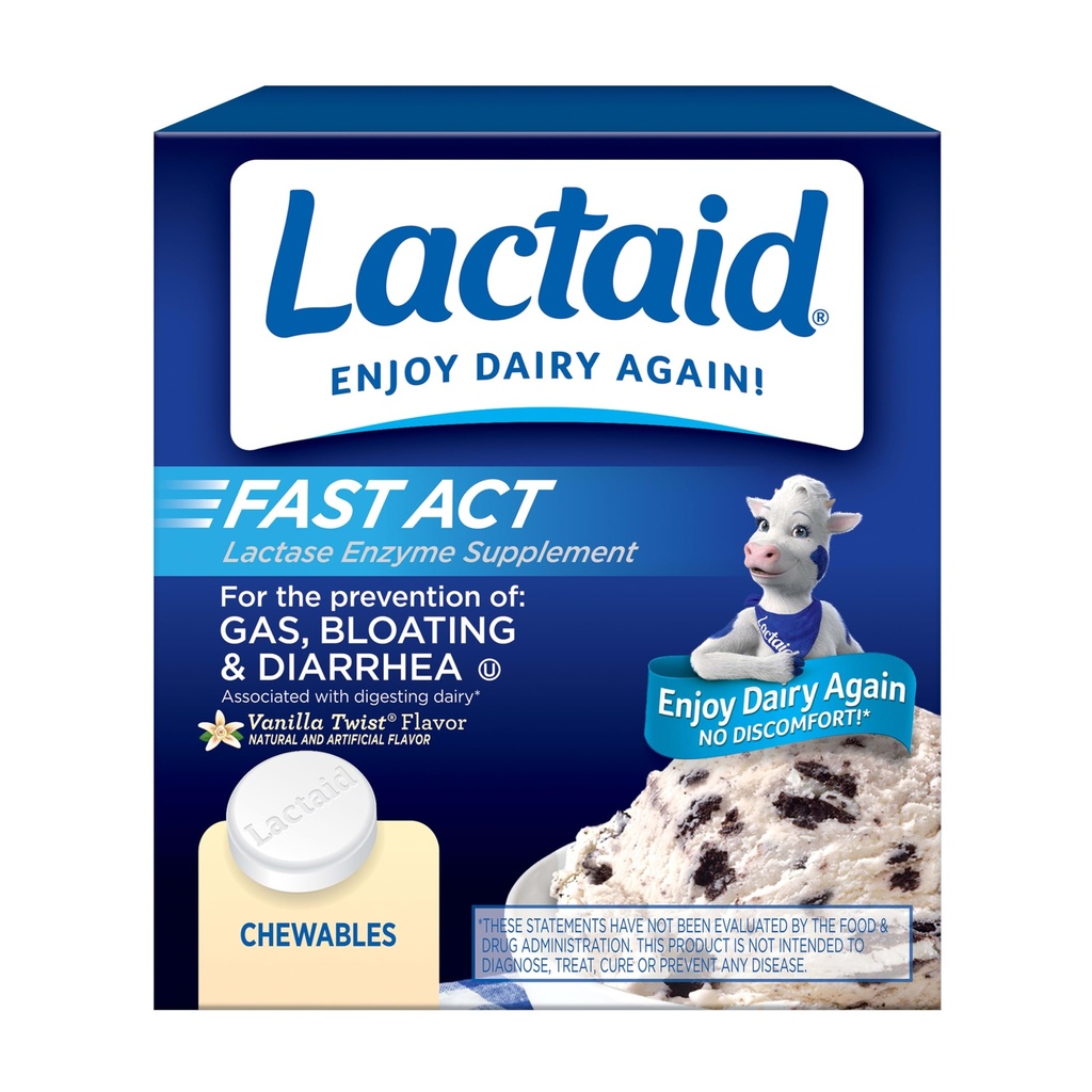 Lactaid Fast Act Laktose Intolerance Relief Chewables med naturlig Lactase Enzyme for å hindre gass, Bloating & diarré på grunn av Laktose følsomhet, On-the-Go, Vanilla Twist Flavor, 60 x 1 ct