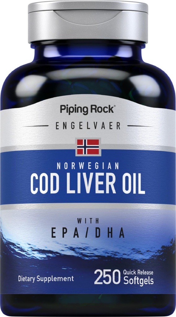 Piping Rock Cod Liver Oil Softgels | 250 greve | med EPA DHA | Engelvaer Norsk | Ikke-GMO, Glutenfri Supplement