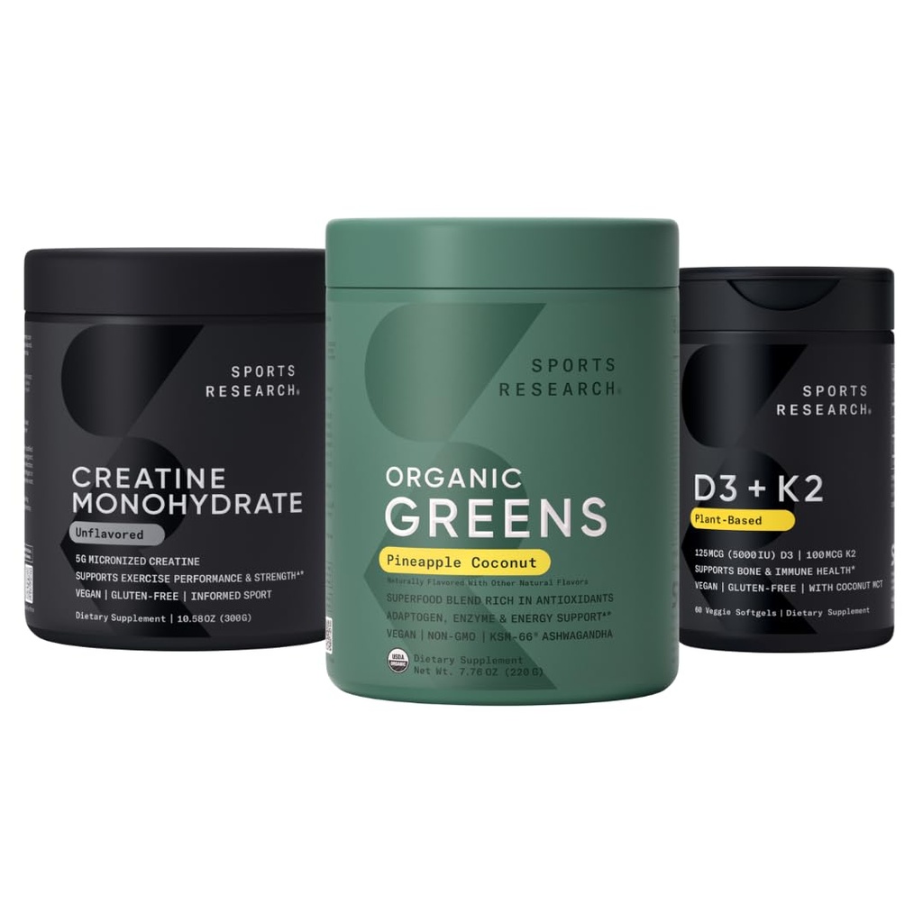 Sports Research® Organic Pineapple Coconut Grønn, Kreatin Monohydrat & Vitamin D3 5000iu + vitamin K2 100mg