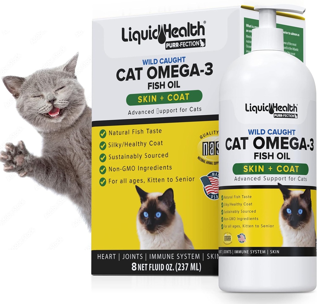 Liquid Helse Kjæledyr Wild Caught Omega 3 Fiskeolje for katter - Flytende Omega 3 Supplement for katter med EPA + DPA + DHA - Reduser kløe, støtte felles, immunitet, hjerne, hjerte helse - laget i USA (8 oz)