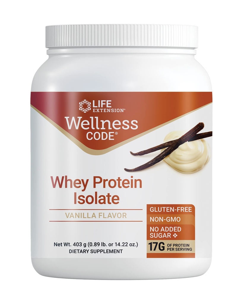Life Extension Wellness Code® Whey Protein Isolat (Vanilla), Protein og forgrenet-Chain Aminosyrer for muskelvekst og immunhelse, ingen sukker tilsatt, glutenfri, ikke-GMO, 403 gram (20 serveringer)
