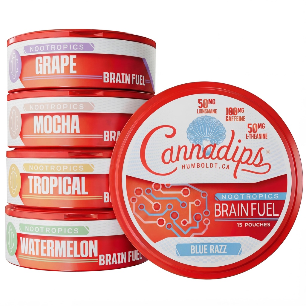 Cannadips - Brain Fuel Variety Pack - Nootropic Caffeine Pouches - 50mg Lion's Mane, 100mg Koffein, 50mg L-Theanine, Ingen sukker - Clean Energy Brain Drivstoff for kognitiv ytelse, laget i USA (5-PACK)